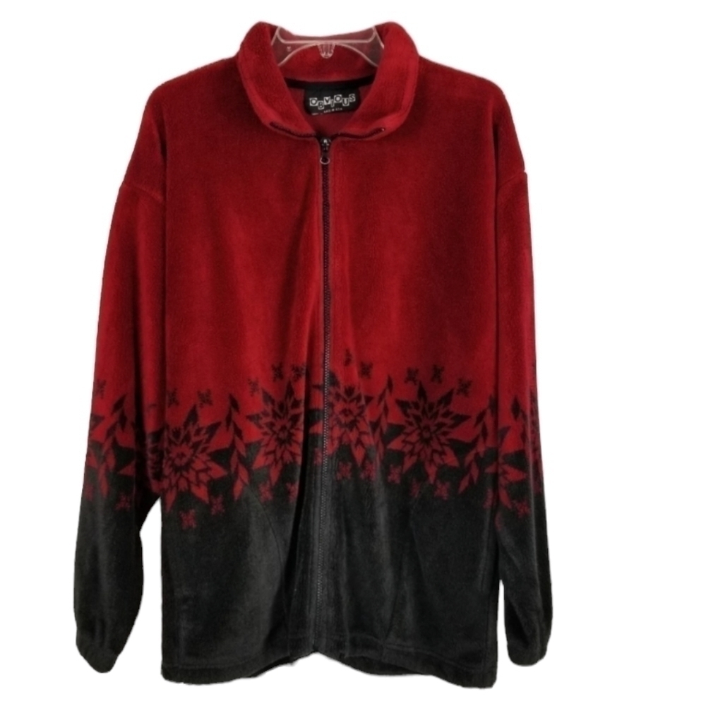 Obvious Vintage Fleece Full Zip Jacket Snowflake Star Red Black Womens Sz Large